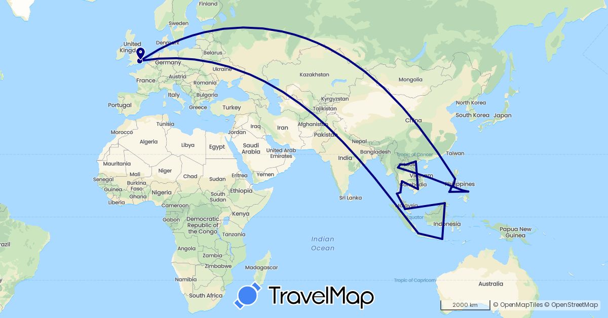 TravelMap itinerary: driving in United Kingdom, Indonesia, Laos, Malaysia, Philippines, Thailand, Vietnam (Asia, Europe)